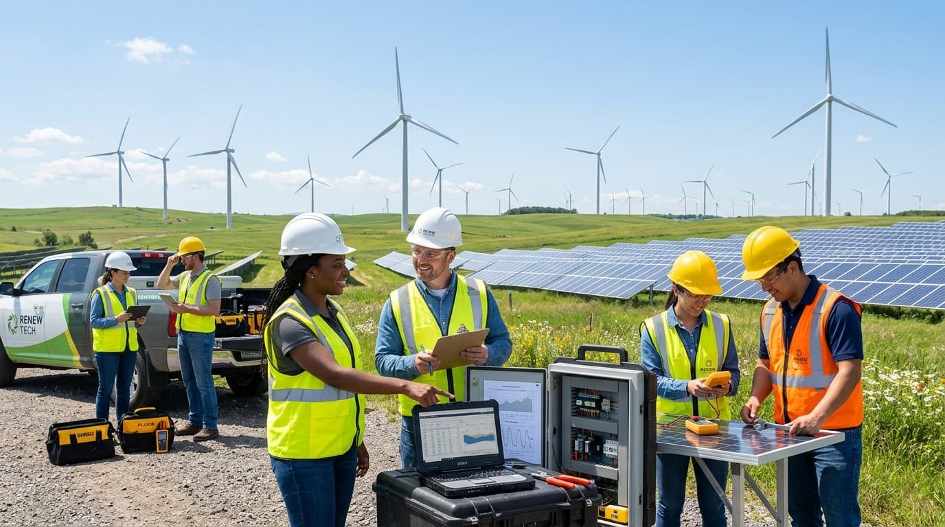 FOXNEE renewable energy technicians at a solar and wind site